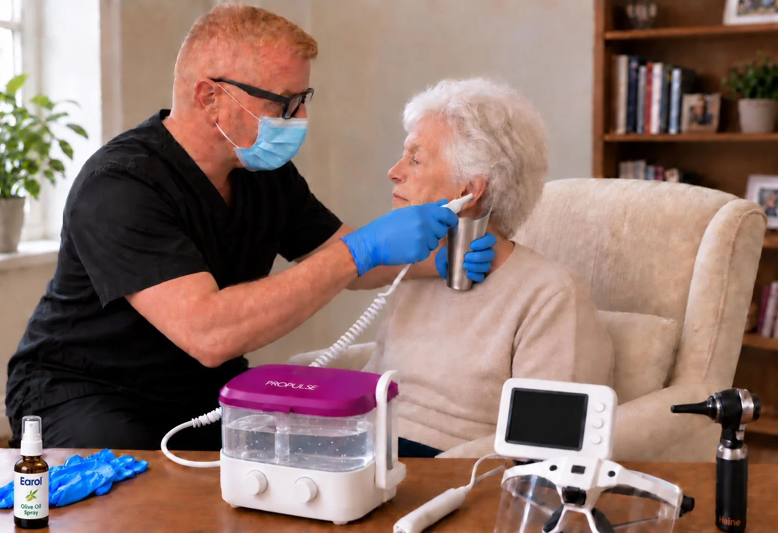 Ear care home visit showing a clinician, patient and equipment